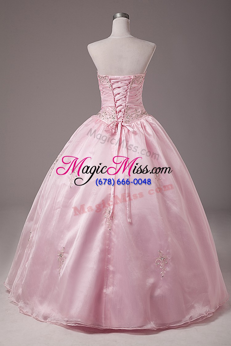 wholesale baby pink organza lace up strapless sleeveless floor length 15th birthday dress beading and embroidery