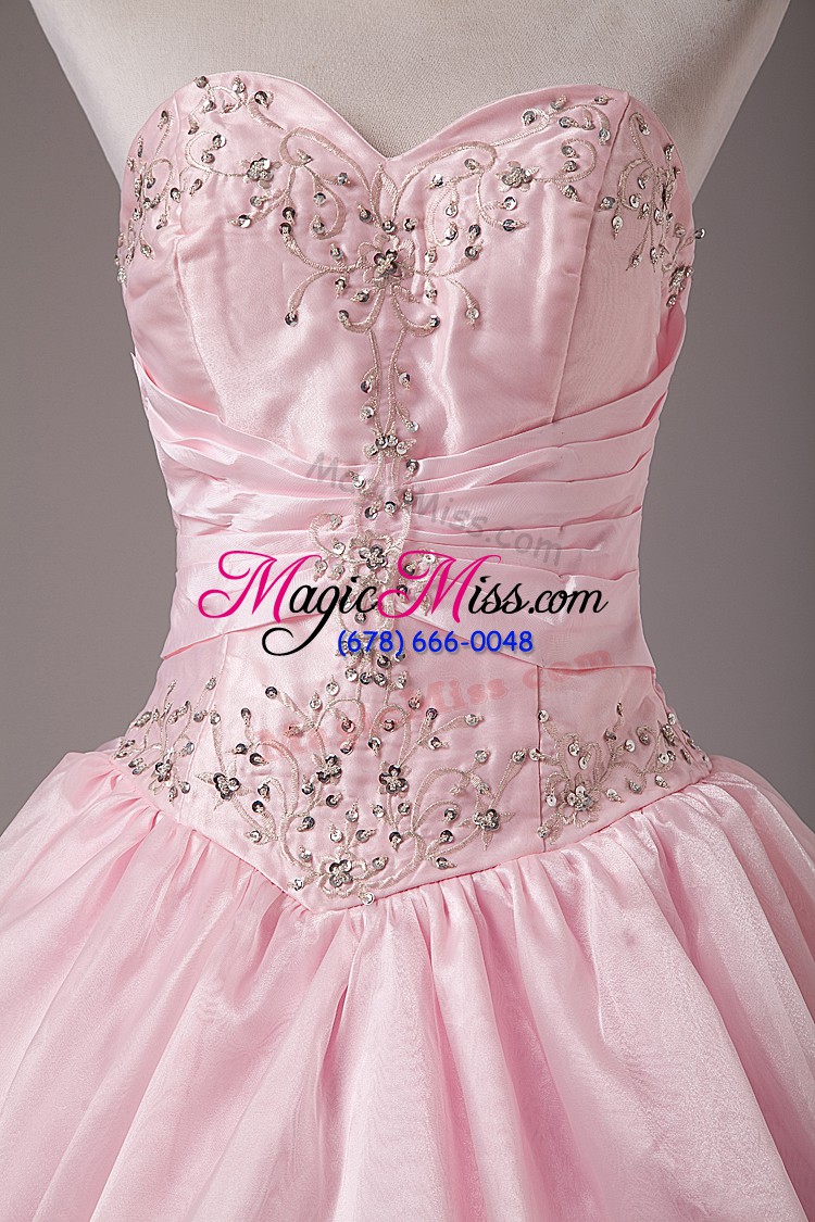 wholesale baby pink organza lace up strapless sleeveless floor length 15th birthday dress beading and embroidery