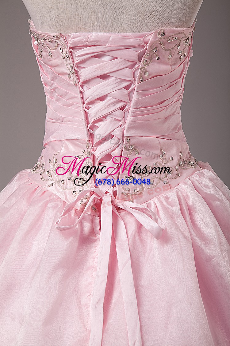 wholesale baby pink organza lace up strapless sleeveless floor length 15th birthday dress beading and embroidery