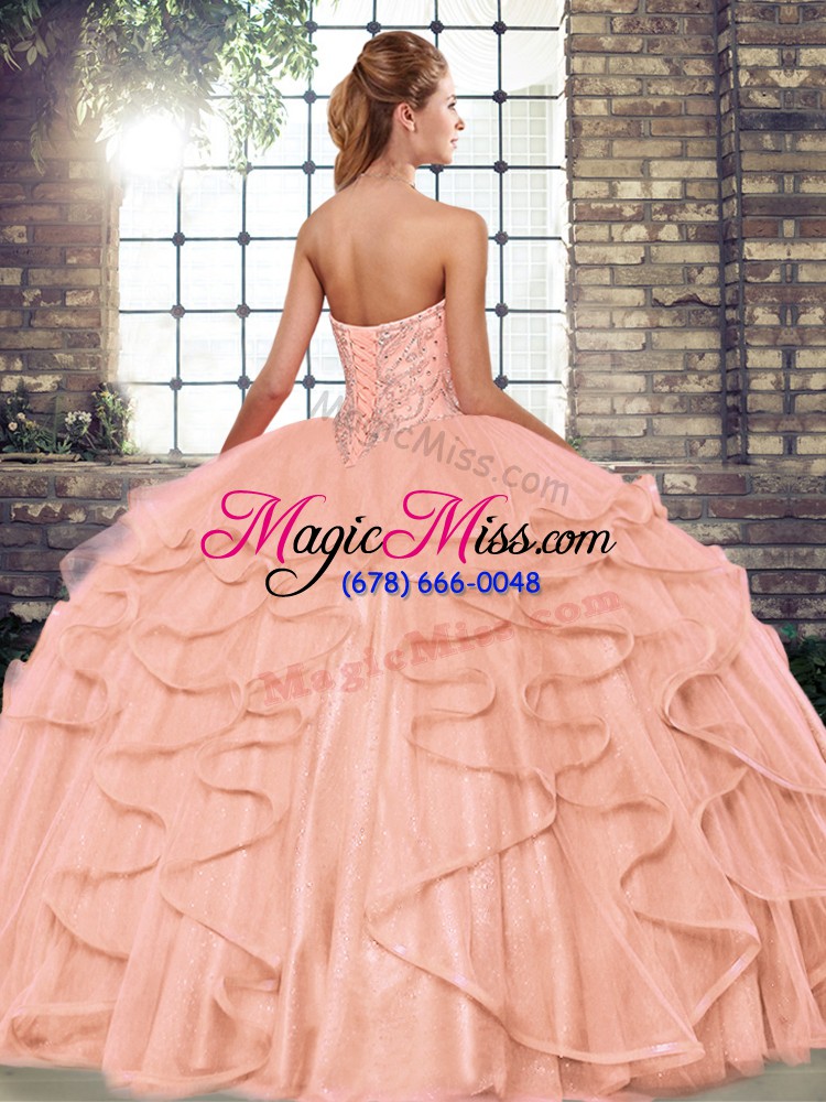 wholesale amazing sweetheart sleeveless ball gown prom dress floor length beading and ruffles fuchsia tulle