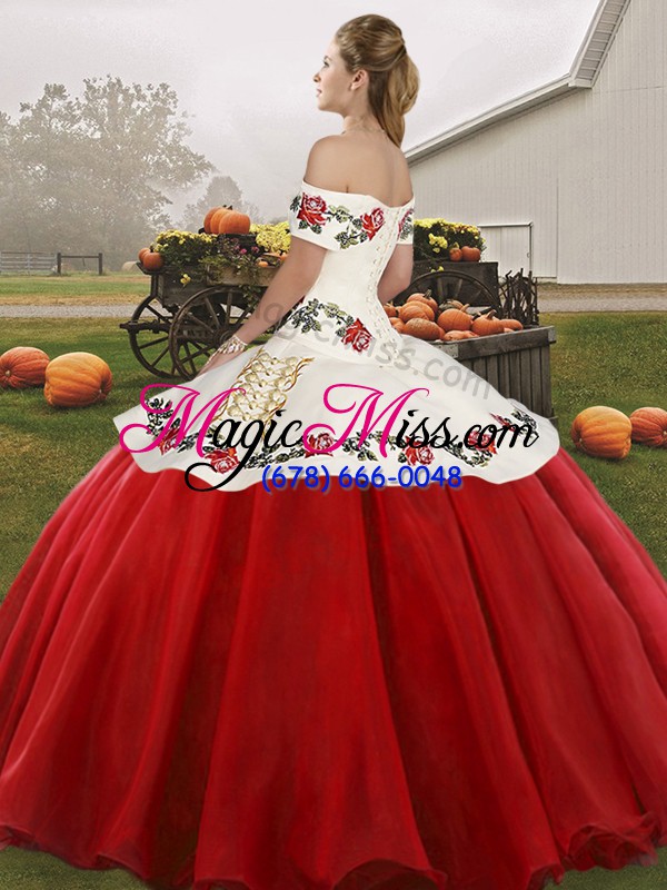 wholesale off the shoulder sleeveless quinceanera gowns floor length embroidery rust red organza