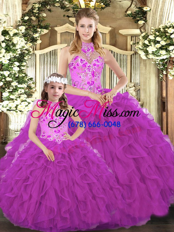 wholesale fuchsia sleeveless tulle lace up quinceanera dresses for military ball and sweet 16 and quinceanera