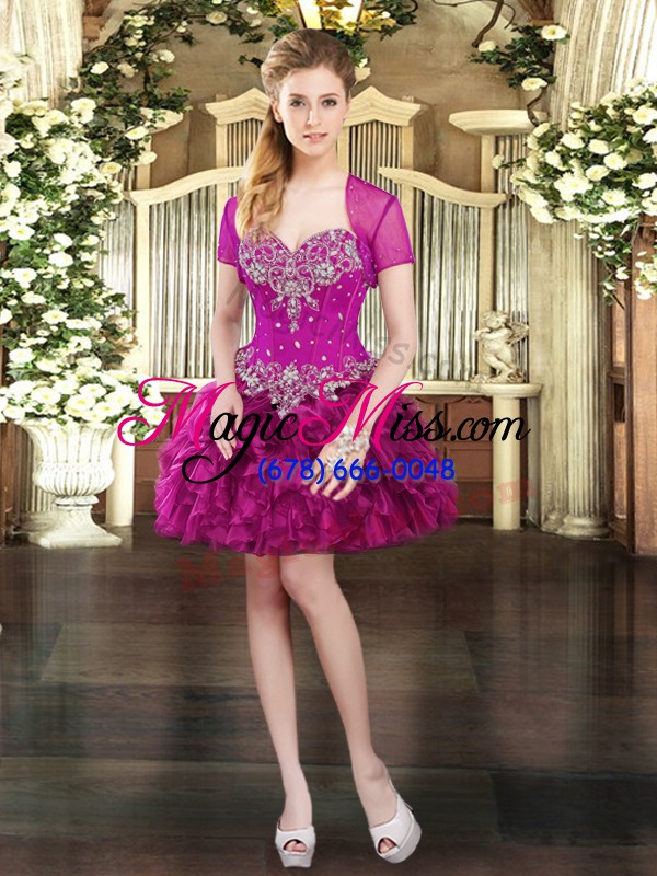 wholesale vintage fuchsia organza lace up quinceanera dresses sleeveless floor length beading and ruffles and pick ups