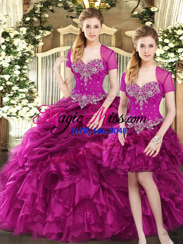 wholesale vintage fuchsia organza lace up quinceanera dresses sleeveless floor length beading and ruffles and pick ups