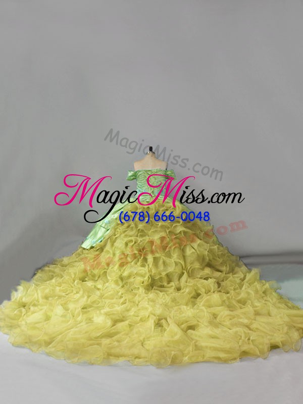 wholesale yellow green lace up off the shoulder embroidery and ruffles quinceanera dress organza sleeveless chapel train