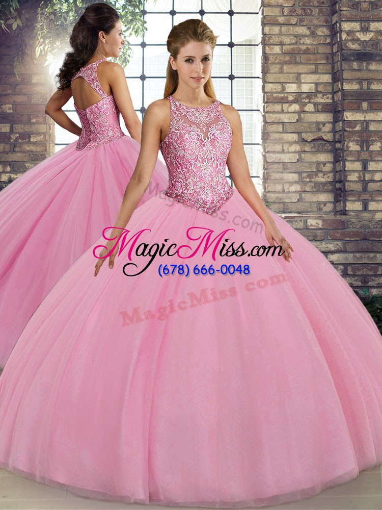 wholesale pink scoop lace up embroidery 15th birthday dress sleeveless