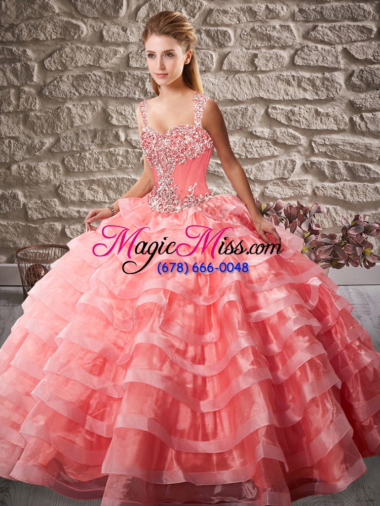 wholesale popular watermelon red lace up quinceanera dress beading and ruffled layers sleeveless court train