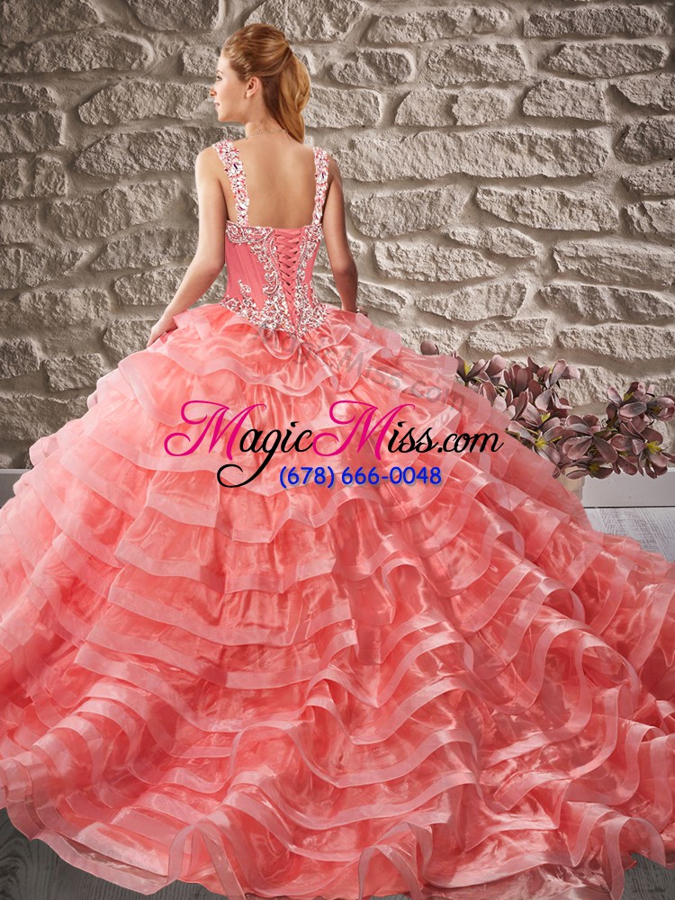 wholesale popular watermelon red lace up quinceanera dress beading and ruffled layers sleeveless court train