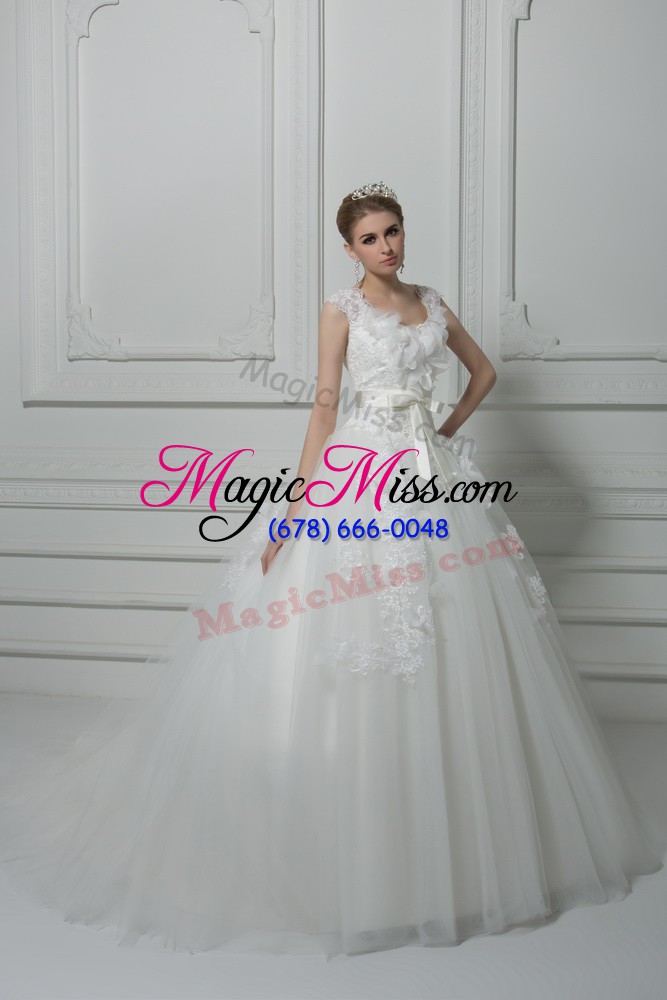 wholesale captivating white ball gowns tulle v-neck sleeveless lace and appliques and belt and hand made flower lace up wedding gowns brush train