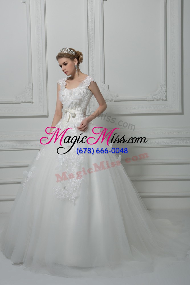 wholesale captivating white ball gowns tulle v-neck sleeveless lace and appliques and belt and hand made flower lace up wedding gowns brush train