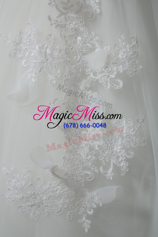 wholesale captivating white ball gowns tulle v-neck sleeveless lace and appliques and belt and hand made flower lace up wedding gowns brush train