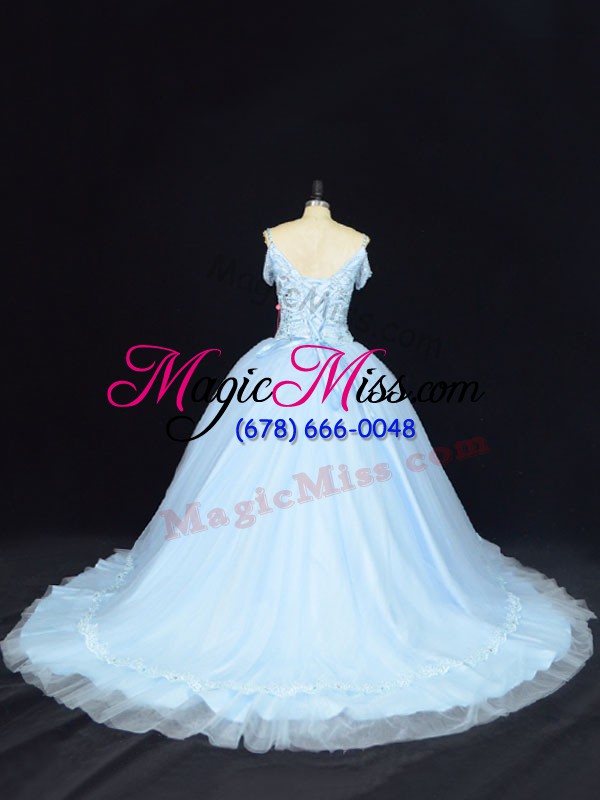 wholesale extravagant blue off the shoulder neckline beading quinceanera gown sleeveless lace up