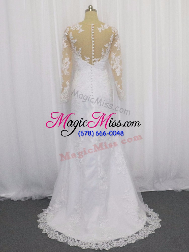 wholesale luxury tulle scoop long sleeves brush train clasp handle lace wedding dresses in white