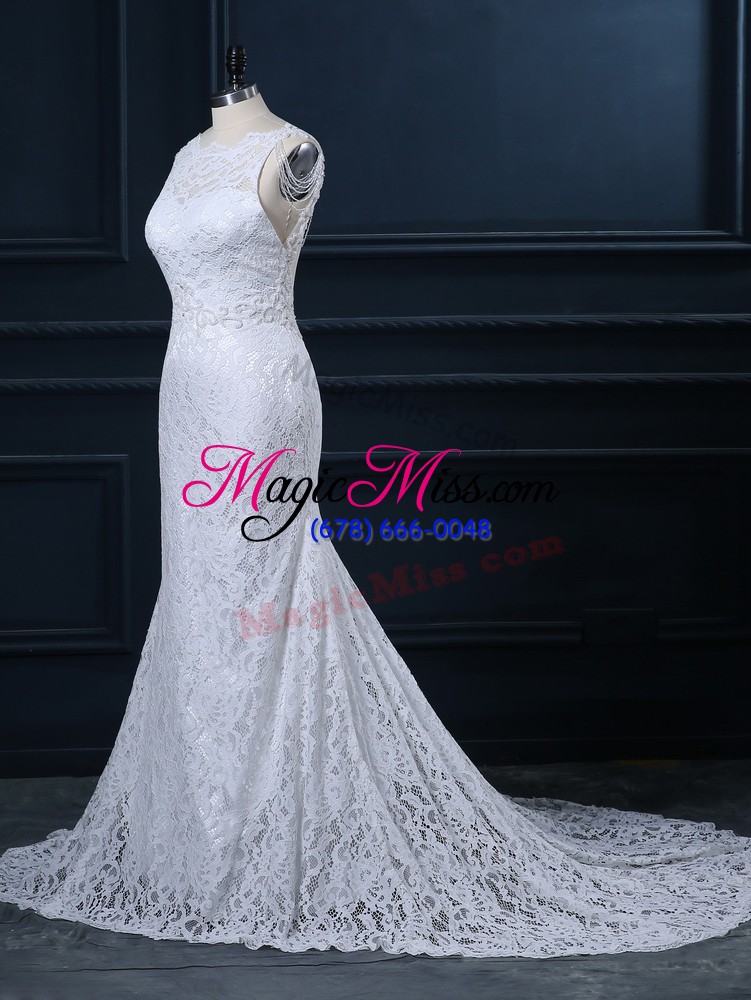 wholesale sleeveless lace backless wedding dresses with white brush train