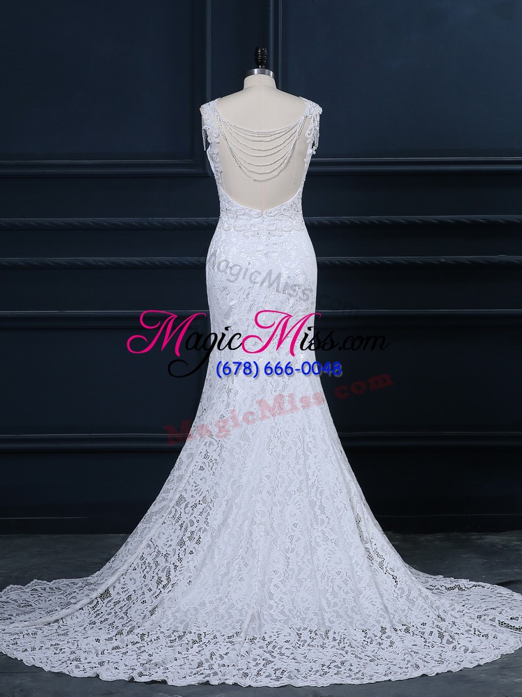 wholesale sleeveless lace backless wedding dresses with white brush train