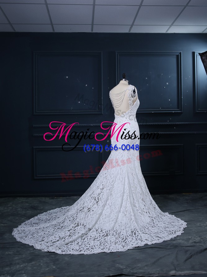 wholesale sleeveless lace backless wedding dresses with white brush train