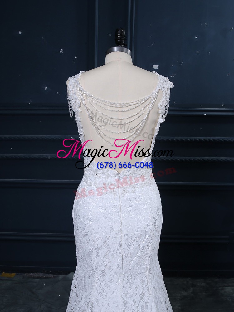 wholesale sleeveless lace backless wedding dresses with white brush train