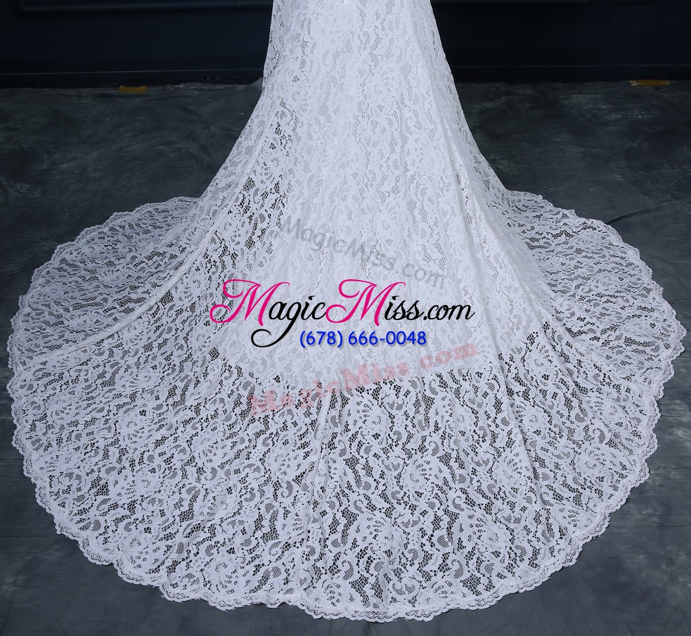 wholesale sleeveless lace backless wedding dresses with white brush train