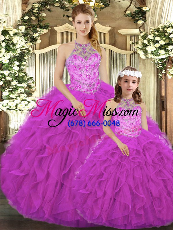 wholesale decent fuchsia sleeveless beading and ruffles floor length sweet 16 dresses