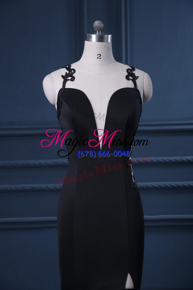 wholesale black satin zipper straps sleeveless evening dress brush train lace