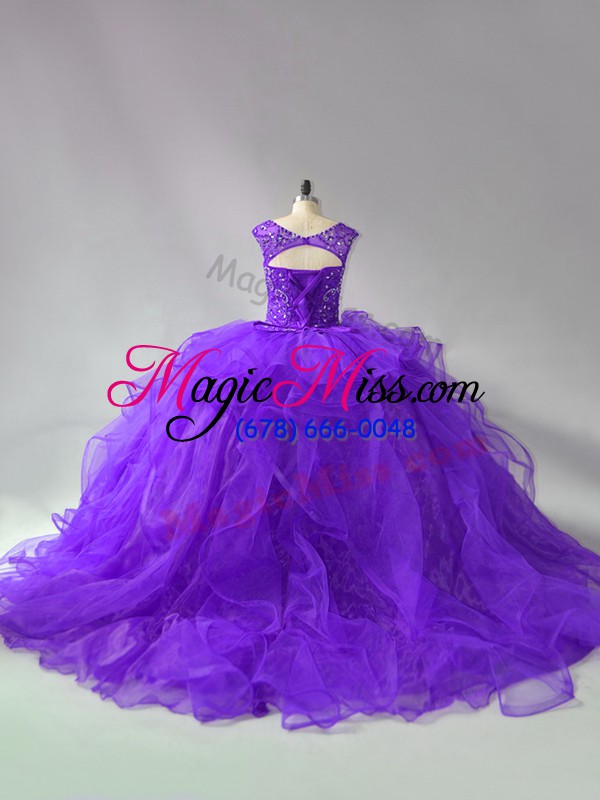 wholesale unique brush train ball gowns 15th birthday dress purple scoop organza sleeveless lace up