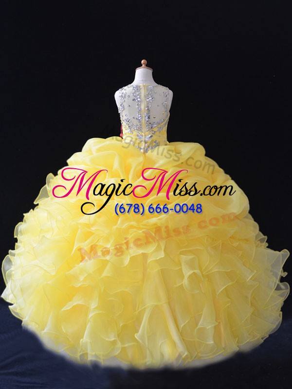 wholesale adorable sleeveless organza floor length zipper kids pageant dress in yellow with beading and ruffles and pick ups