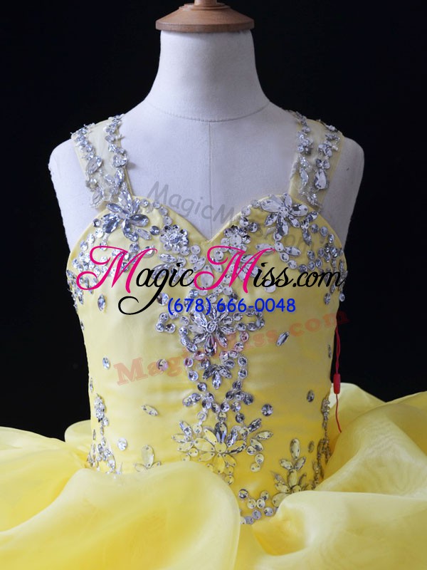 wholesale adorable sleeveless organza floor length zipper kids pageant dress in yellow with beading and ruffles and pick ups