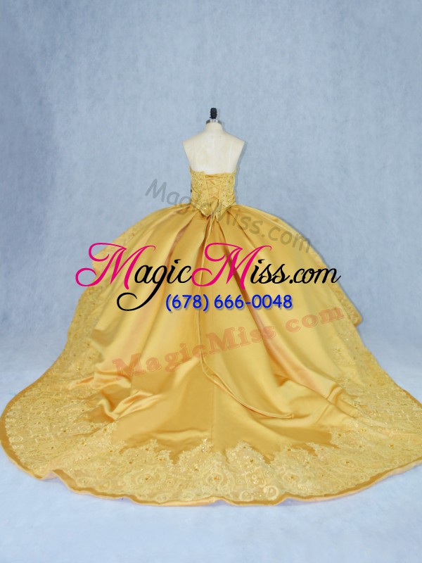 wholesale gold ball gowns beading and appliques vestidos de quinceanera lace up satin and tulle sleeveless