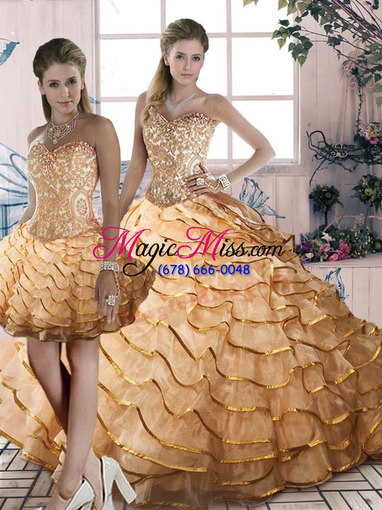 wholesale charming organza sweetheart sleeveless brush train lace up beading and ruffles quinceanera dresses in gold