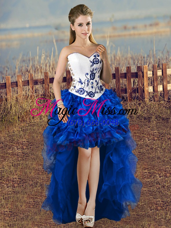 wholesale blue and white satin and organza lace up ball gown prom dress sleeveless floor length embroidery and ruffles