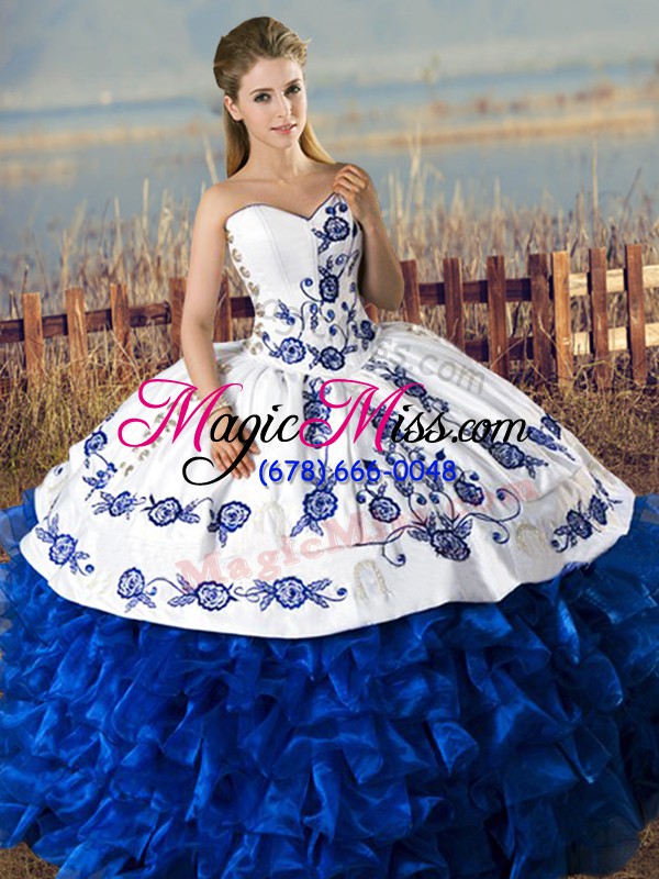 wholesale blue and white satin and organza lace up ball gown prom dress sleeveless floor length embroidery and ruffles