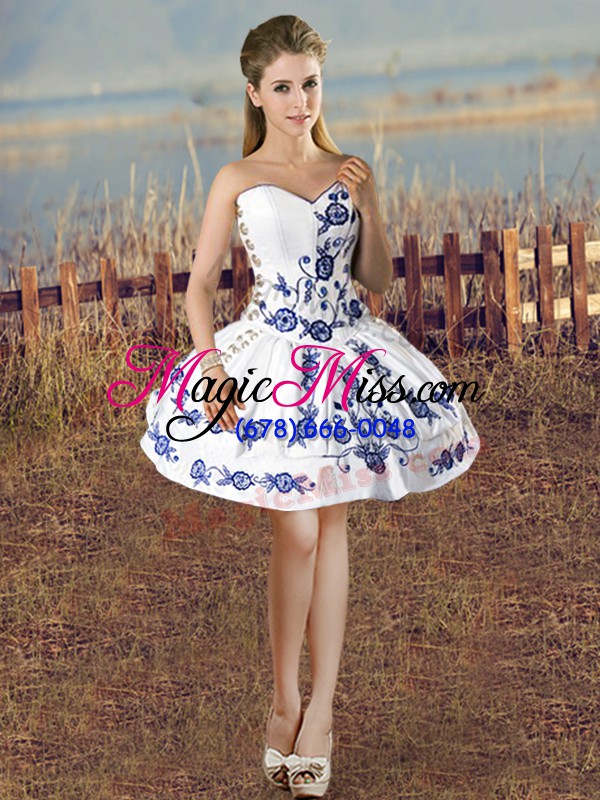 wholesale blue and white satin and organza lace up ball gown prom dress sleeveless floor length embroidery and ruffles