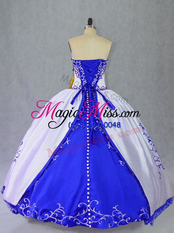 wholesale floor length blue and white quinceanera gowns satin sleeveless embroidery