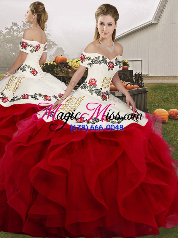 wholesale tulle off the shoulder sleeveless lace up embroidery and ruffles 15th birthday dress in white and red