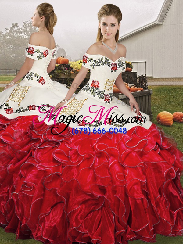 wholesale graceful floor length white and red sweet 16 dress off the shoulder sleeveless lace up