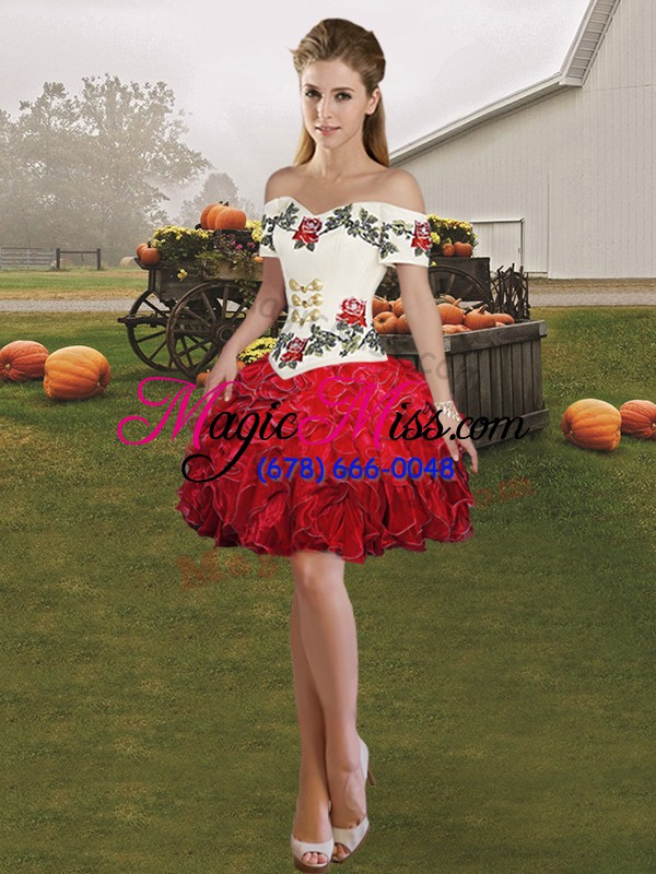 wholesale graceful floor length white and red sweet 16 dress off the shoulder sleeveless lace up