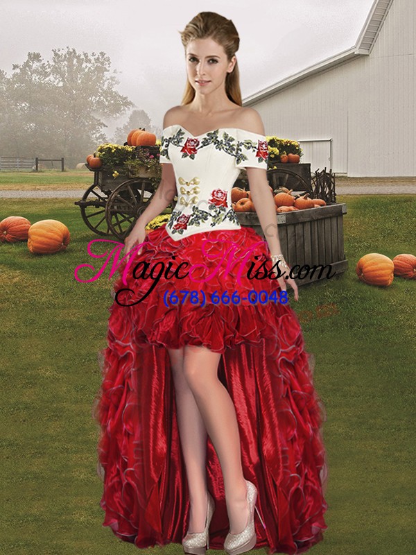 wholesale graceful floor length white and red sweet 16 dress off the shoulder sleeveless lace up