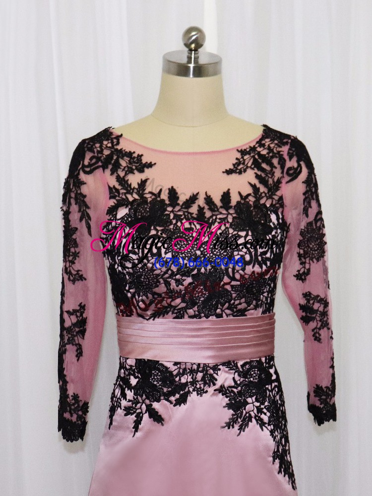 wholesale scoop long sleeves satin mother of the bride dress lace and appliques zipper