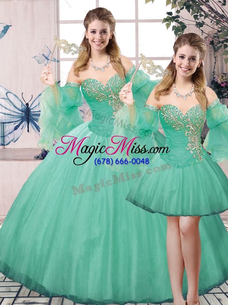 wholesale turquoise sleeveless floor length beading lace up quince ball gowns