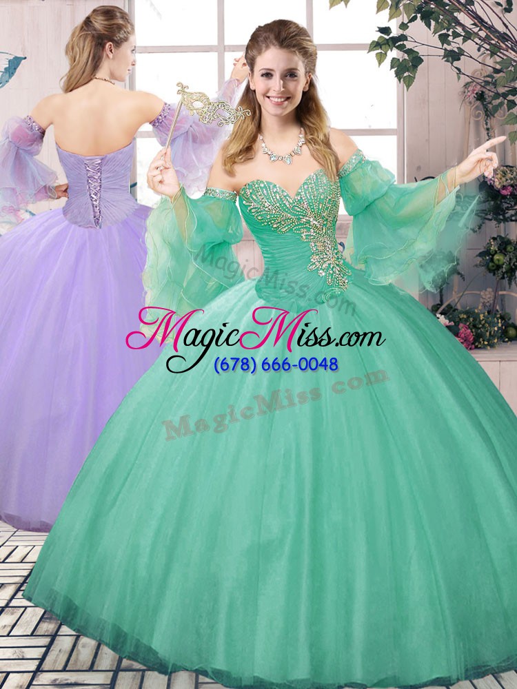 wholesale turquoise sleeveless floor length beading lace up quince ball gowns