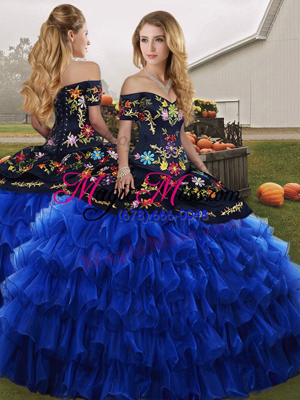 wholesale super blue and black two pieces embroidery and ruffled layers sweet 16 quinceanera dress lace up organza sleeveless floor length