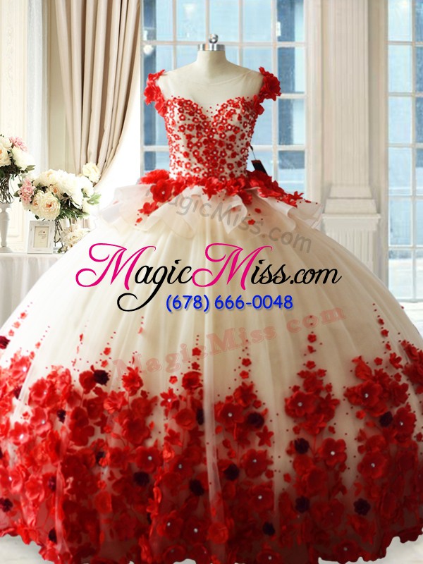 wholesale graceful red zipper scoop hand made flower sweet 16 quinceanera dress tulle sleeveless brush train