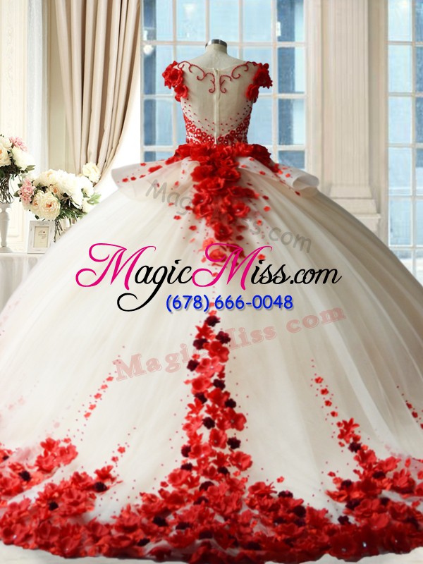 wholesale graceful red zipper scoop hand made flower sweet 16 quinceanera dress tulle sleeveless brush train