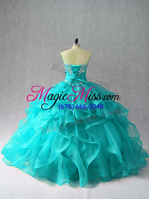 wholesale aqua blue lace up sweetheart beading and ruffles ball gown prom dress organza sleeveless