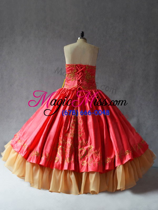 wholesale coral red ball gowns embroidery ball gown prom dress lace up satin and organza sleeveless floor length