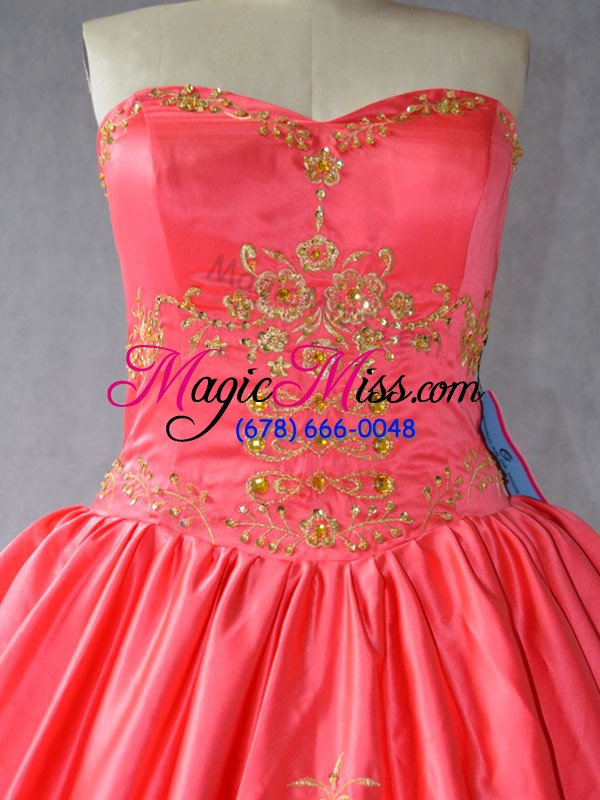 wholesale coral red ball gowns embroidery ball gown prom dress lace up satin and organza sleeveless floor length