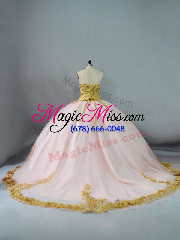 wholesale elegant sleeveless ball gown prom dress brush train and beading and lace and appliques