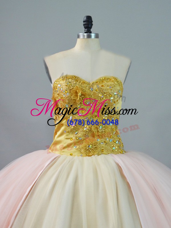 wholesale elegant sleeveless ball gown prom dress brush train and beading and lace and appliques