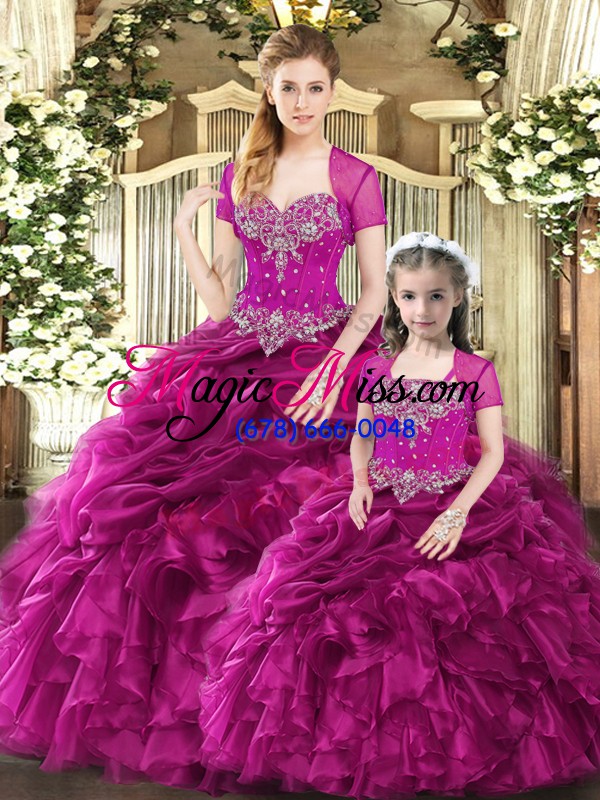 wholesale free and easy fuchsia sweetheart neckline beading and ruffles and pick ups sweet 16 dresses sleeveless lace up