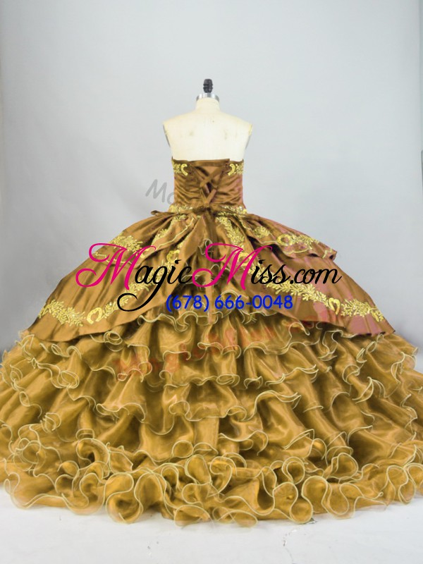 wholesale brown sleeveless satin and organza brush train lace up sweet 16 dress for sweet 16 and quinceanera